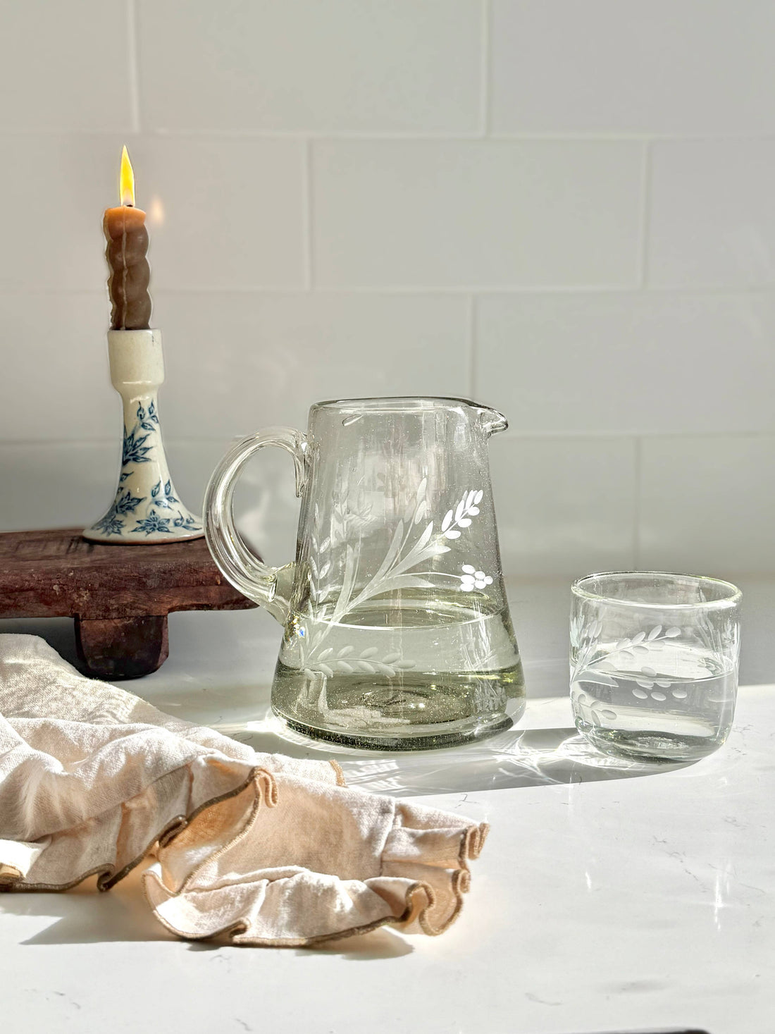 Floral Hand-etched Blown Pitcher